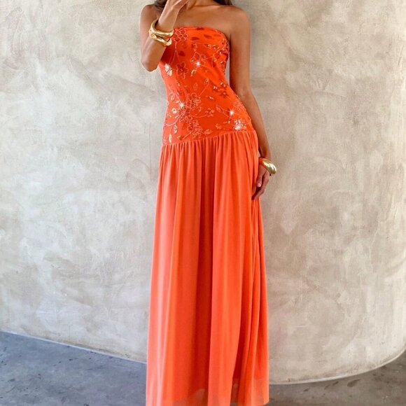 Janelle Orange Elegant Women's Sexy Sequins Embroidery Stitching maxi dress - Picture 1 of 7